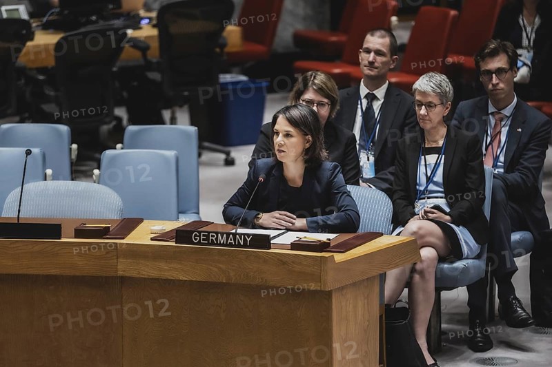 Annalena BÃ¤rbock (Bündnis 90 Die Grünen), Federal Minister for Foreign Affairs, photographed at the UN Security Council Meeting and Consultation on the Situation in Ukraine in New York City, 17.07.2023. Annalena BÃ¤rbock travels to New York to attend the ceremony marking the 25th anniversary of the Rome Statute of the International Court of Justice., New York City, United States, North America