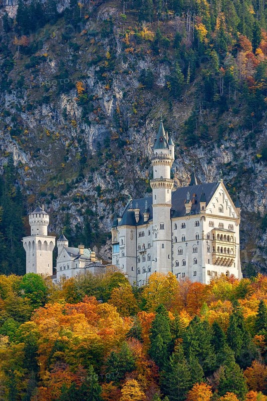 Neuschwanstein Castle in autumn, Schwangau, OstallgÃ¤u, AllgÃ¤u, Swabia, Upper Bavaria, Bavaria, Germany, Europe