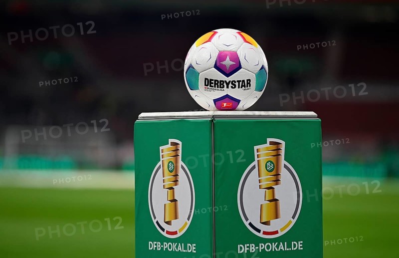 Adidas Derbystar match ball on podium, logo, DFB Cup, MHPArena, MHP Arena Stuttgart, Baden-Württemberg, Germany, Europe