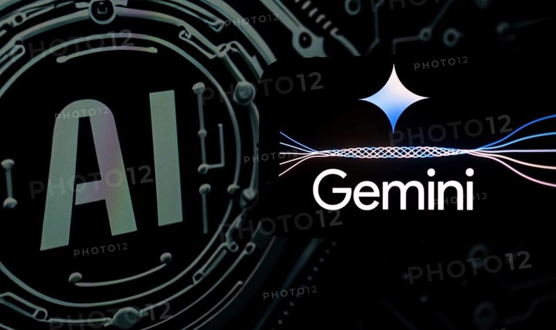 Guwahati, India. 8 December 2023. In this photo illustration a Gemini logo is displayed on a smartphone with Artificial Intelligence symbol in the background