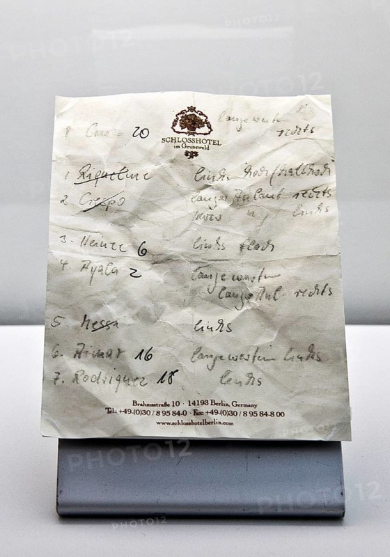 Lehman note, the note handwritten by Andreas Köpke during the 2006 World Cup penalty shootout against Argentina, House of History, Bonn, North Rhine-Westphalia, Germany, Europe
