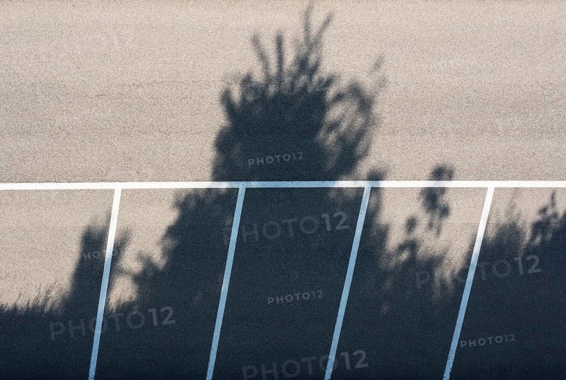 Drone shot, empty car park with shadows cast by trees, from above, structure, road traffic, Hausruckviertel, Upper Austria, Austria, Europe