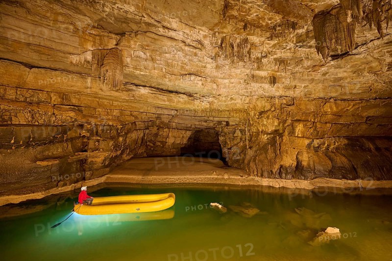 Karst cave, lake, rubber dinghy, speleologist, Krizna jama, Cerknica, Carniola, Slovenia, Europe