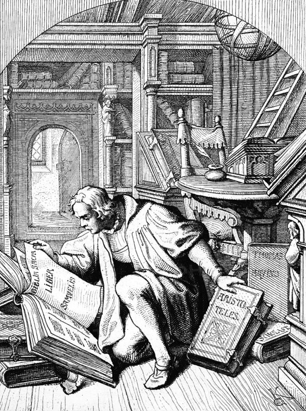 Martin Luther discovers a Latin Bible, Erfurt University Library, Germany, language, Latin, books, university, shelves, Aristoreles, 16th century, historical illustration around 1860, Europe