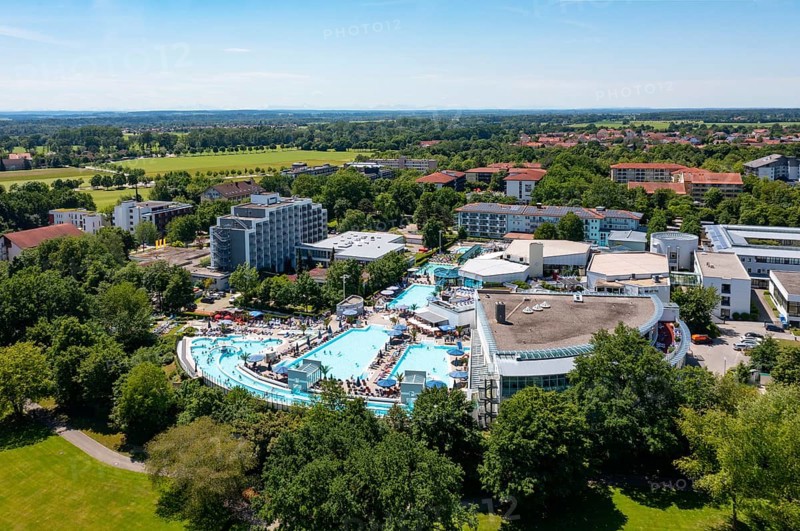 Drone shot, spa park with Europa Therme, Bad Füssing, Lower Bavaria, Bavaria, Germany, Europe