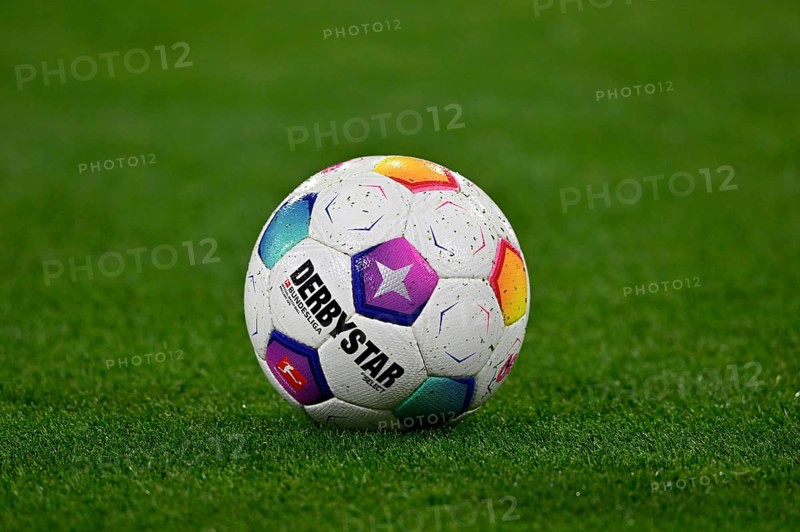 Adidas Derbystar match ball lies on grass, logo, Allianz Arena, Munich, Bavaria, Germany, Europe
