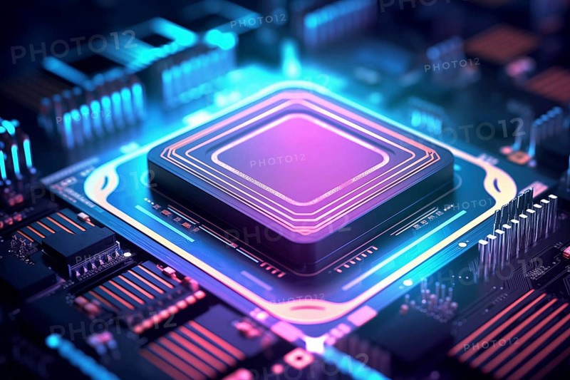 Close-up of a computer processor chip CPU on a motherboard with glowing neon lights. The chip is surrounded by other electronic components. Technology and hardware related content, AI generated