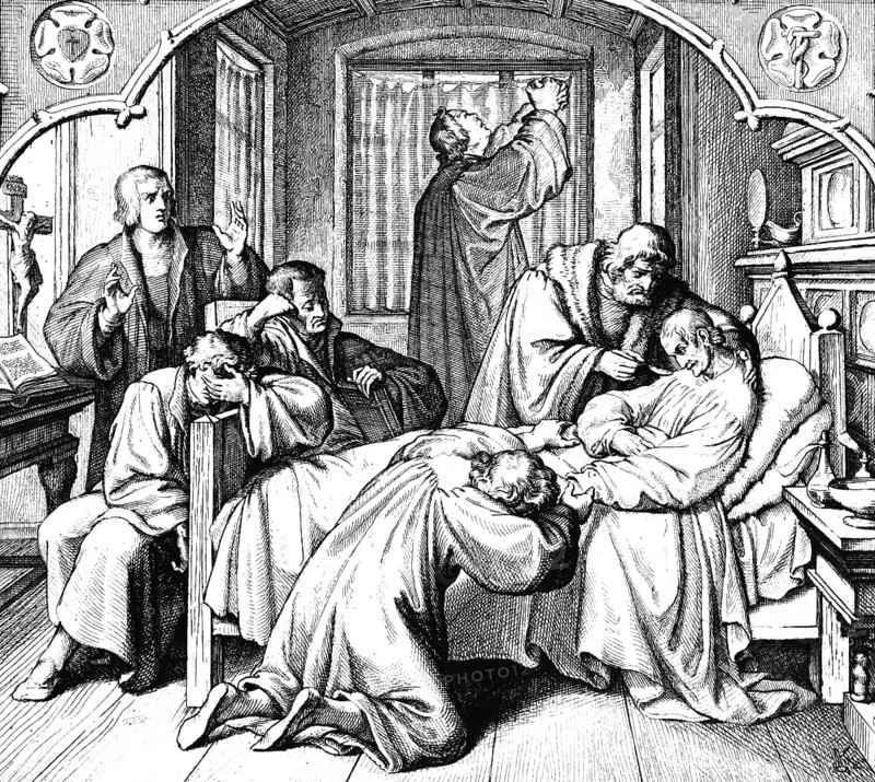 Martin Luther praying at the bedside of the sick Melanchton, Weimar, room, window, table, doctor, group, mourning, pain, crucifix, religion, Christianity, 16th century, historical illustration c. 1860