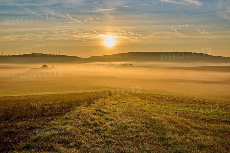 Landscape, fields, fog, sunrise, Höhefeld, Wertheim, Baden-Württemberg, Germany, Europe