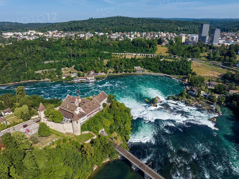 Aerial view of the Rhine Falls with Laufen Castle, Neuhausen, Canton Schaffhausen, Switzerland, Europe