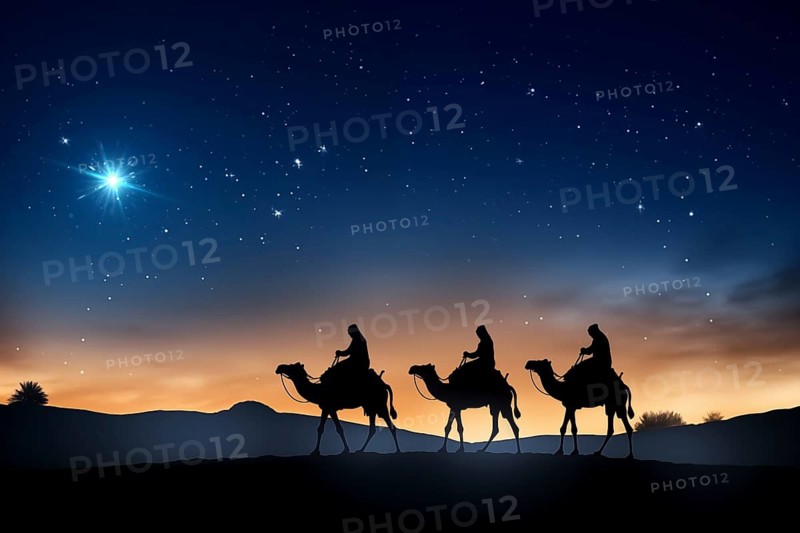 Christmas Jesus birth concept, Adoration of the Magi, Three Wise Men, Three Kings, and the Three biblical Magi with camel silhouettes journeying in sand dunes of desert follow Bethlehem star at night, AI generated