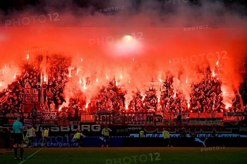 Bengalos, pyrotechnics, pyro, fireworks, fan block, fans, fan curve, flags, banners, atmosphere, atmospheric, FC Augsburg FCA, Voith Arena, Heidenheim, Baden-Württemberg, Germany, Europe