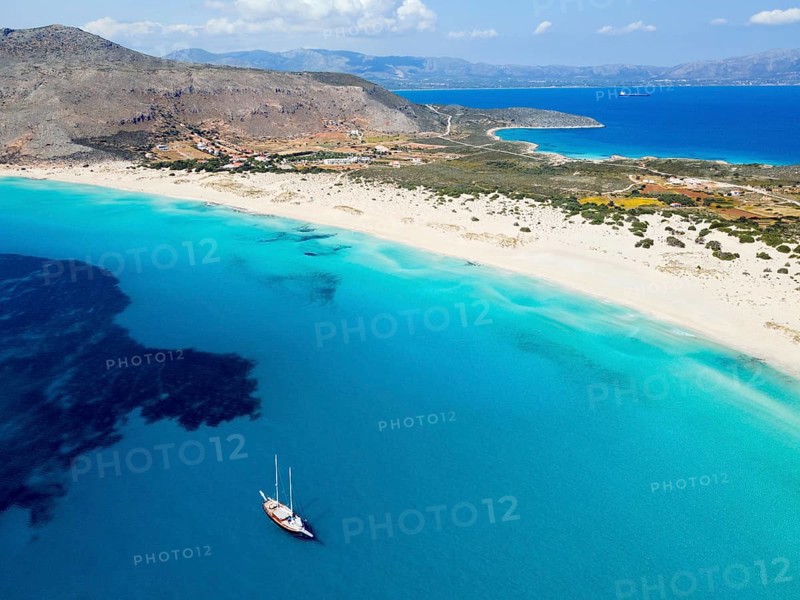 Drone shot, double bay of Simos beach, Sarakiniko beach, Elafonisos, Deer Island, Laconia, Peloponnese, Ionian Islands, Ionian Sea, Greece, Europe