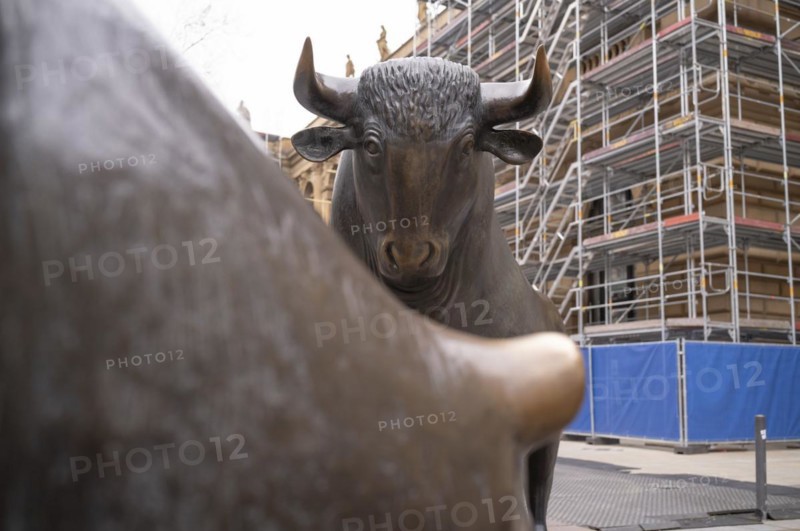 Bull and bear, sculptures by Reinhard Dachlauer, Börsennplatz, stock exchange, construction site, scaffolding, scaffolding, Frankfurt am Main, Hesse, Germany, Europe
