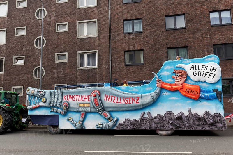 Float on the theme of artificial intelligence, AI, Rose Monday parade Düsseldorf, North Rhine-Westphalia, Germany, Europe