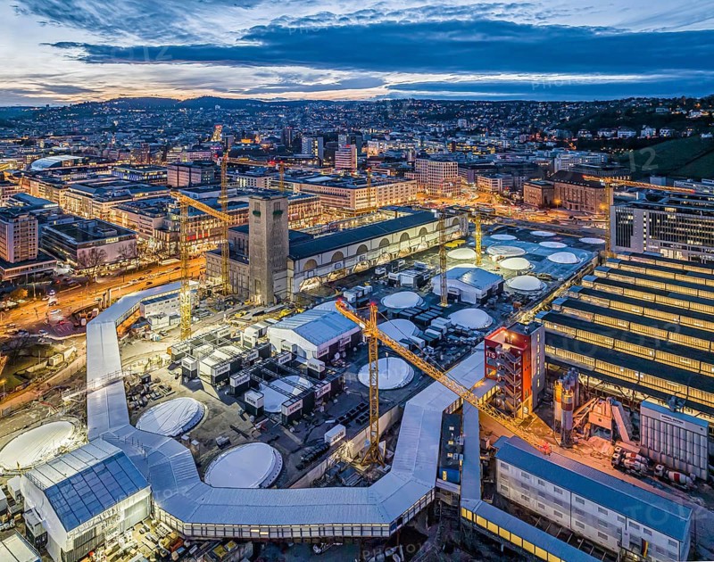 Main station, Stuttgart 21 construction site, where the new through station is being built. Night shot, aerial view, Stuttgart, Baden-Württemberg, Germany, Europe