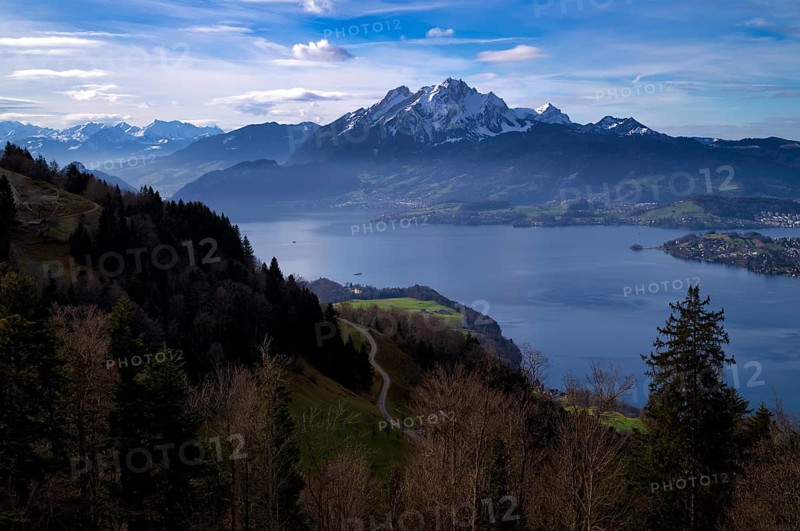 View from Seebodenalp to Lucerne, Lake Lucerne, in the background Mount Pilatus and Central Swiss Alps, Canton Schwyz, Switzerland, Europe