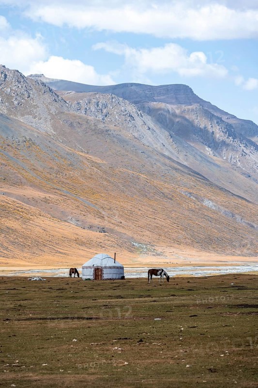 Yurt and horse in the mountains, barren landscape, Burkhan Valley, Tien Shan, Issyk Kul Province, Kyrgyzstan, Asia