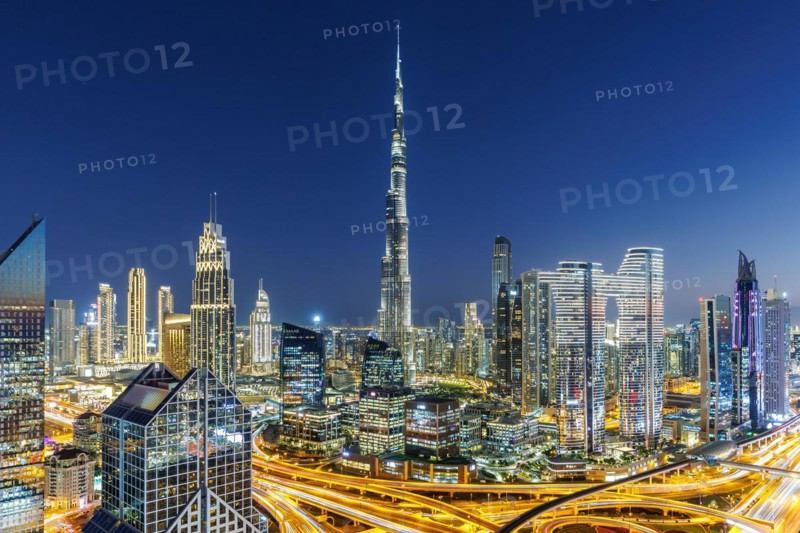 Burj Khalifa skyline tallest building in the world from above in Downtown at night in Dubai, United Arab Emirates, Asia