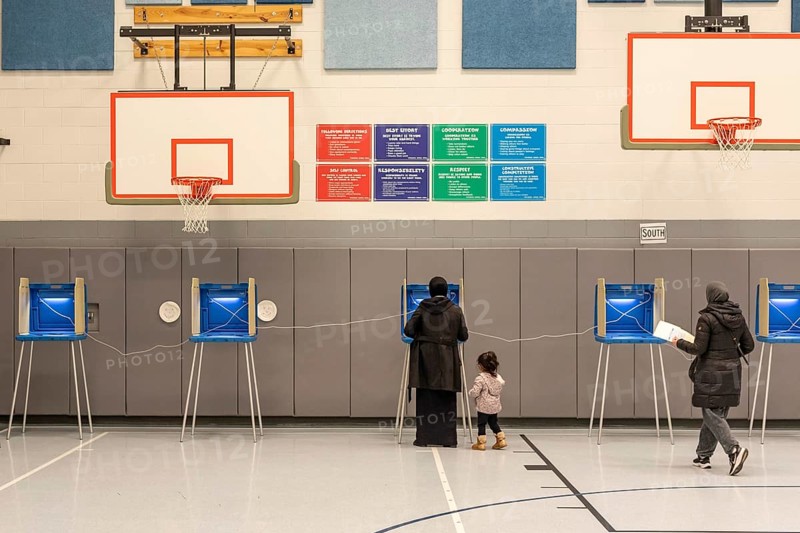 Deaarborn, Michigan USA, 27 February 2024, Voting at Geer Park School in Michigan's Presidential primary election. Especially in Hamtramck and Dearborn, where there are large numbers of Arab-Americans, many voters planned to vote uncommitted in the Democratic primary.. Many Arab-Americans are furious about Joe Biden's support for Israel in the Gaza war