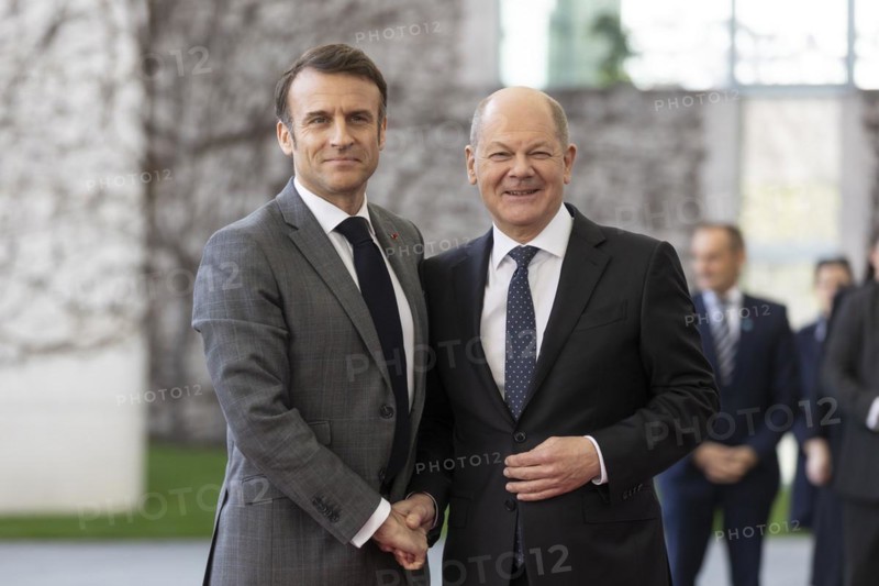 Federal Chancellor Olaf Scholz (SPD) welcomes Emmanuel Macron, President of France, to the Federal Chancellery in Berlin, 15 March 2024