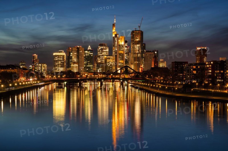Twilight shot, skyline, banking district, financial district, Taunus Tower, Tower 185, Commerzbank, Messeturm, HelaBa, Hessische Landesbank, Deutsche Bank, FOUR, Kaiserdom, FlöÃŸerbrücke, reflection in the Main, blue hour, Frankfurt am Main, Hesse, Germany, Europe