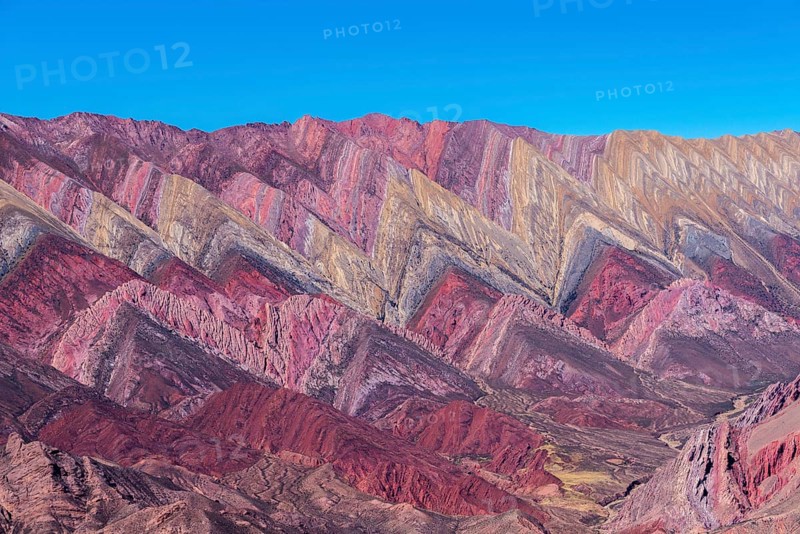 Cerro de 14 colores, Mountains of 14 Colours, Andes, altitude 4350m, Quebrada de Humahuaca, Valley Humahuaca, UNESCO World Heritage Site, mountain landscape, tourist attraction, geological rock formation, Puna vegetation, Jujuy Province, Argentina, South America