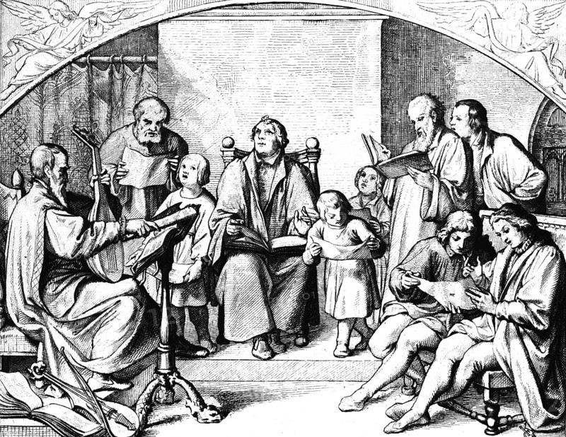 Martin Luther with the Cantorei in the House, religion, Kontorei, German hymn, song, piety, singing, room, children, family, friends, music, instrument, hymnbook, joy, Protestantism, 16th century, historical illustration c. 1860