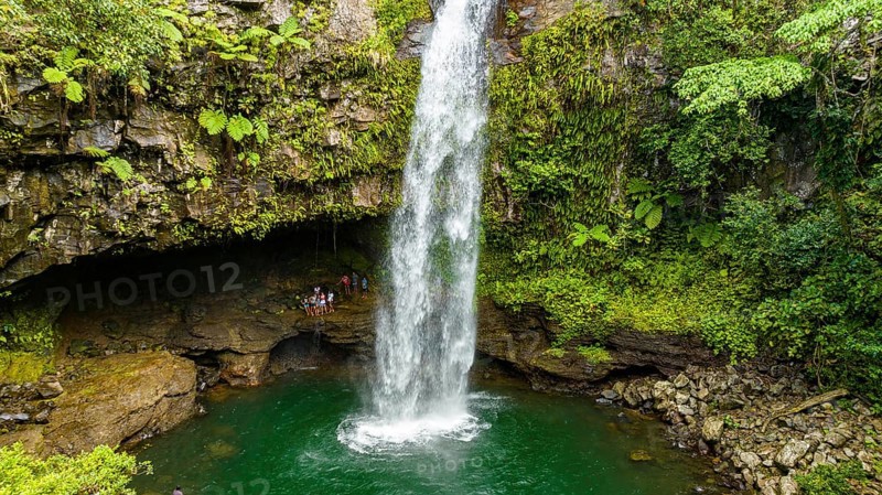Aerial of the Tavoro Falls, Bouma National Park, Taveuni, Fiji, South Pacific, Oceania