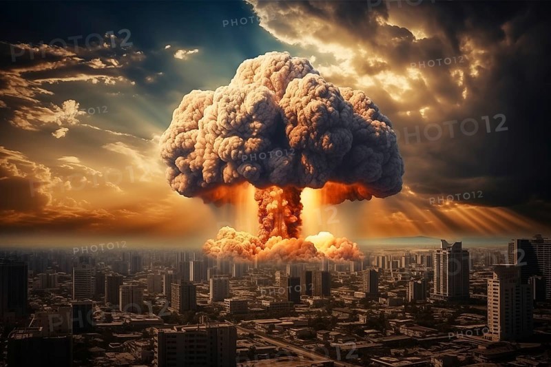 Nuclear blast and mushroom cloud in a city skyline. The explosion is destroying buildings and causing chaos and destruction. Apocalyptic mood. Devastation of war or the aftermath of a disaster, AI generated