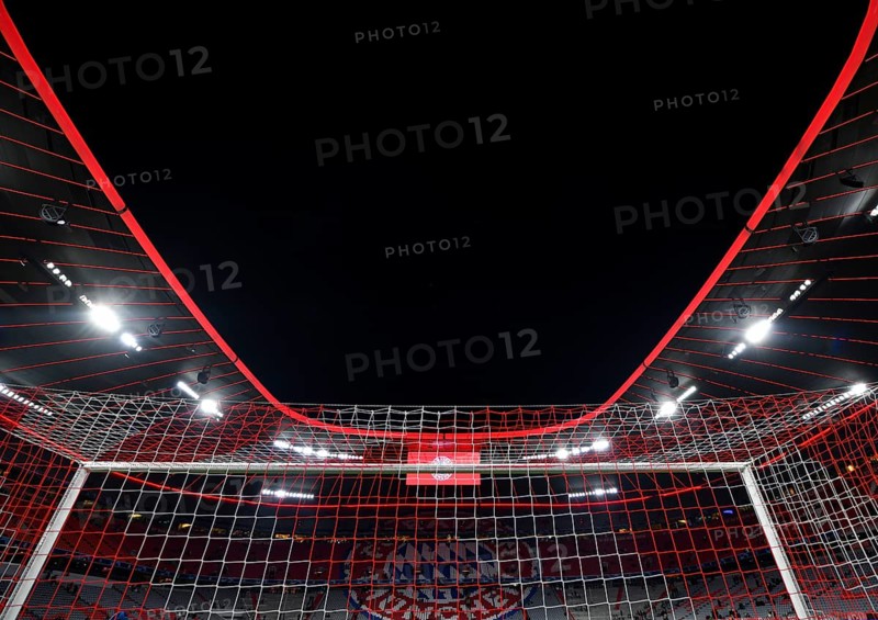 CL, Champions League evening, Allianz Arena, interior, goal net, scoreboard, empty, Munich, Bayern, Germany, Europe
