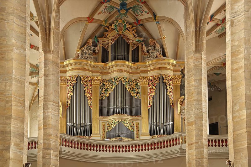 Gottfried Silbermann organ in St. Mary's Cathedral, Romanesque, interior view, gallery, Silbermann organ, Freiberg, Saxony, Germany, Europe