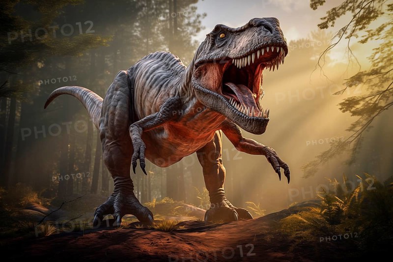 Tyrannosaur rex roaring in a prehistoric forest with lush vegetation, ferns and sunlight, AI generated
