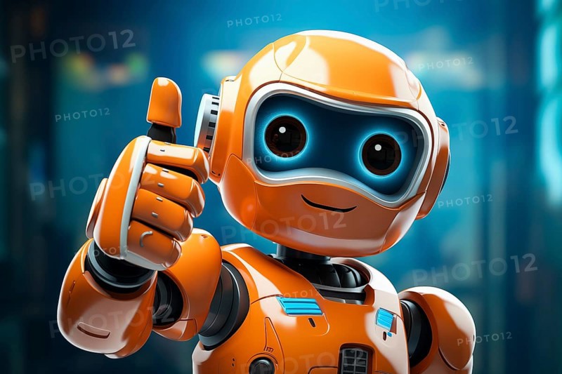 Orange robot showing a thumbs up gesture. The friendly robot has big round eyes and a friendly smile. Concept of artificial intelligence technology approval agreement, success, friendliness, AI generated