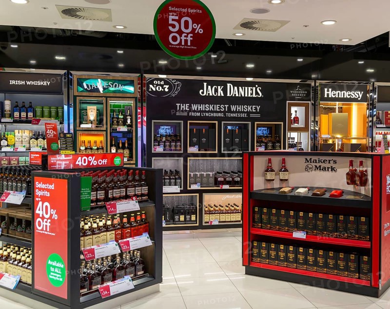 Jack Daniel's and other alcohol brands on display at duty free shopping, South Terminal, London Gatwick airport, England, UK