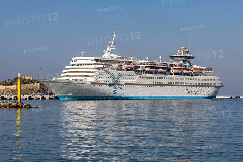 Celestyal Olympia, cruise ship of the Cypriot Celestyal Cruises, length 214 metres. Cruise harbour of KuÅŸadasÄ±. The Turkish harbour town of Kusadasi in the Aegean is a popular holiday resort and destination for cruises in the Mediterranean, Kusadasi, KuÅŸadasÄ±, Aydin province, Aegean region, Turkey, Asia