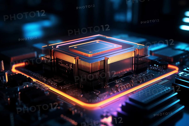 Close-up of a computer processor chip CPU on a motherboard with glowing neon lights. The chip is surrounded by other electronic components. Technology and hardware related content, AI generated