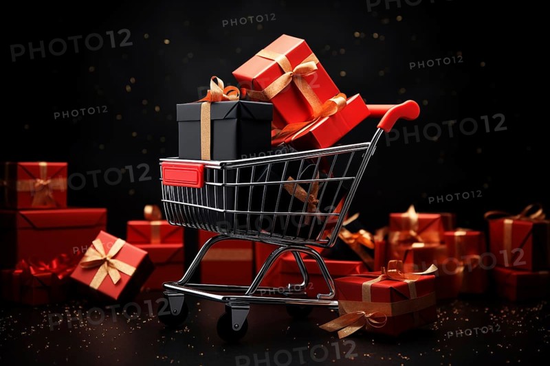 A black Friday Sale concept, black present boxes with red ribbons in shopping cart on a black background, AI generated