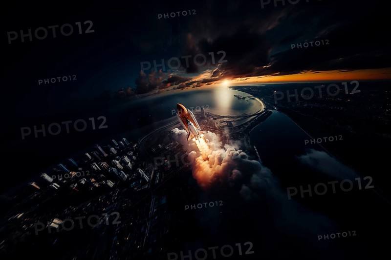 Aerial view of a rocket shuttle carrier launch at sunrise over an ocean coast. The rocket is blasting off with a trail of smoke and flames behind it, AI generated