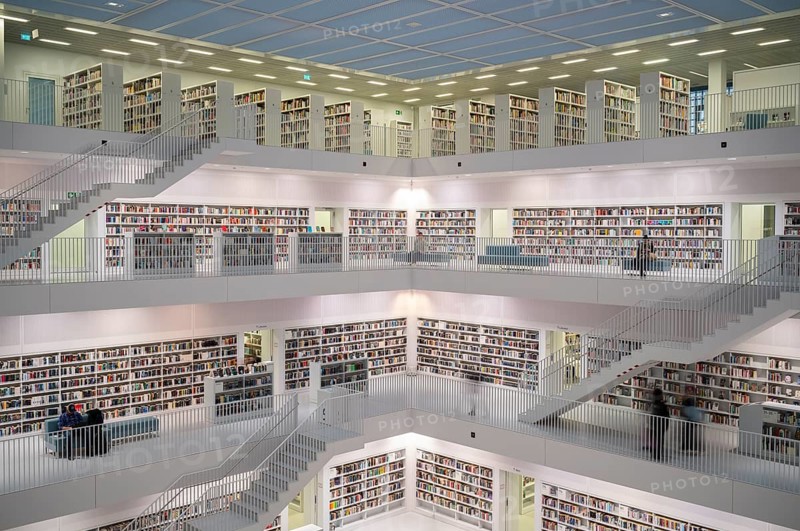 Interior view, gallery hall with staircases of the city library, architect Eun Young Yi, Stuttgart, Baden-Württemberg, Germany, Europe