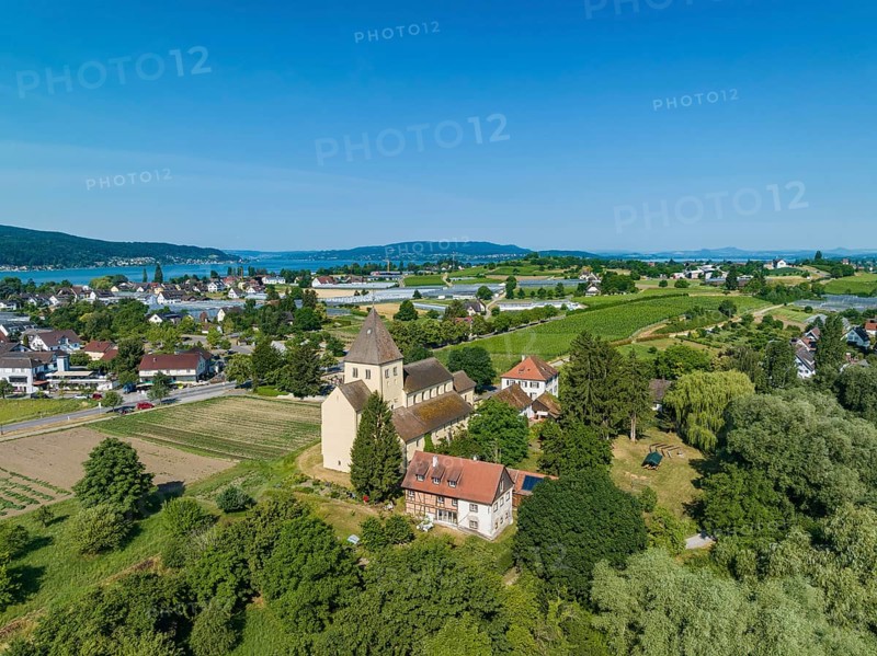 Aerial view of Reichenau Island with St. George's Church, Oberzell, Reichenau, UNESCO World Heritage Site, Constance County, Baden-Württemberg, Germany, Europe