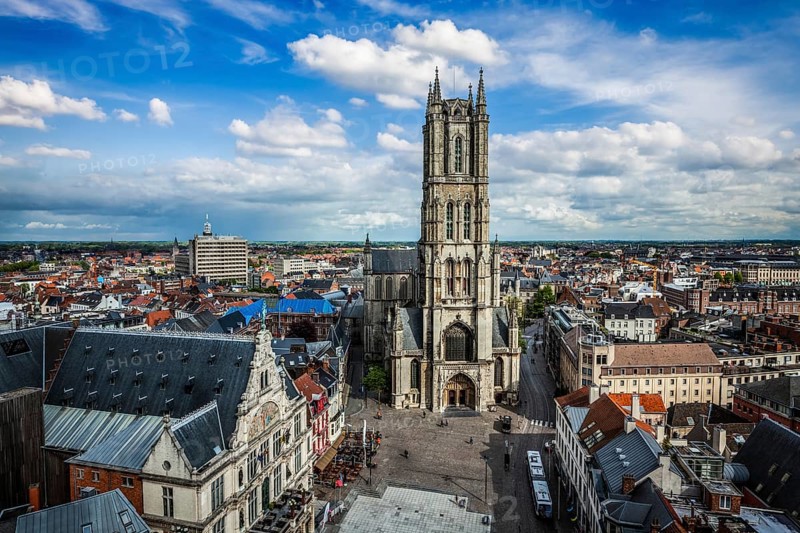 Saint Bavo Cathedral (Sint-Baafskathedraal) and Sint-Baafsplein, aerial view from Belfry. Ghent, Belgium, Europe