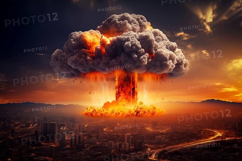 Nuclear blast and mushroom cloud in a city skyline. The explosion is destroying buildings and causing chaos and destruction. Apocalyptic mood. Devastation of war or the aftermath of a disaster, AI generated
