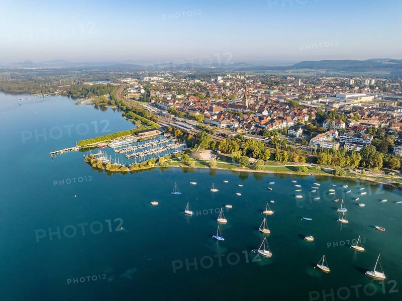 Aerial view of the town of Radolfzell on Lake Constance with the WÃ¤schbruck harbour, harbour pier and concert sail, district of Constance, Baden-Württemberg, Germany, Europe