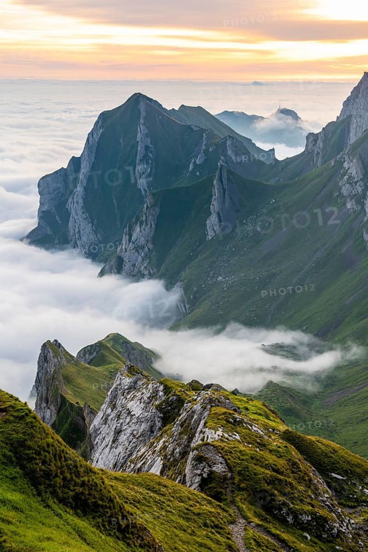 Alpstein, valley of Meglisalp at sunrise, high fog in the valley, SÃ¤ntis, Appenzell Ausserrhoden, Appenzell Alps, Switzerland, Europe