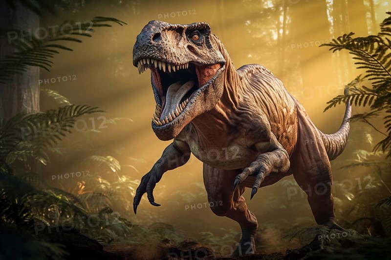 Tyrannosaur rex roaring in a prehistoric forest with lush vegetation, ferns and sunlight, AI generated