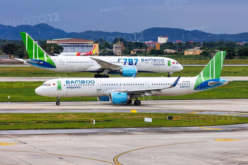 Airbus and Boeing aircraft of Bamboo Airways with the registration number VN-A589 at Hanoi Airport (HAN) in Hanoi, Vietnam, Asia