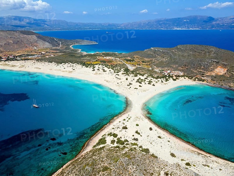 Drone shot, double bay of Simos beach, Sarakiniko beach, Elafonisos, Deer Island, Laconia, Peloponnese, Ionian Islands, Ionian Sea, Greece, Europe