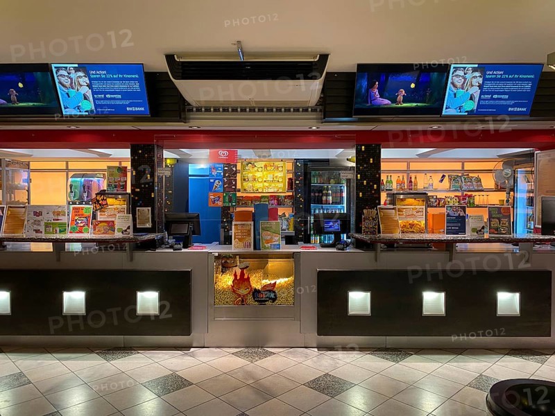 Interior shot kiosk, point of sale in a cinema, food, popcorn, nachos, drinks, Stuttgart, Baden-Württemberg, Germany, Europe