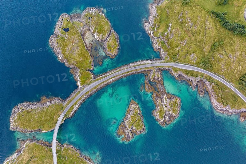 Road over small islands, archipelago islands, Heroy island, Helgeland coast, Nordland, Norway, Europe